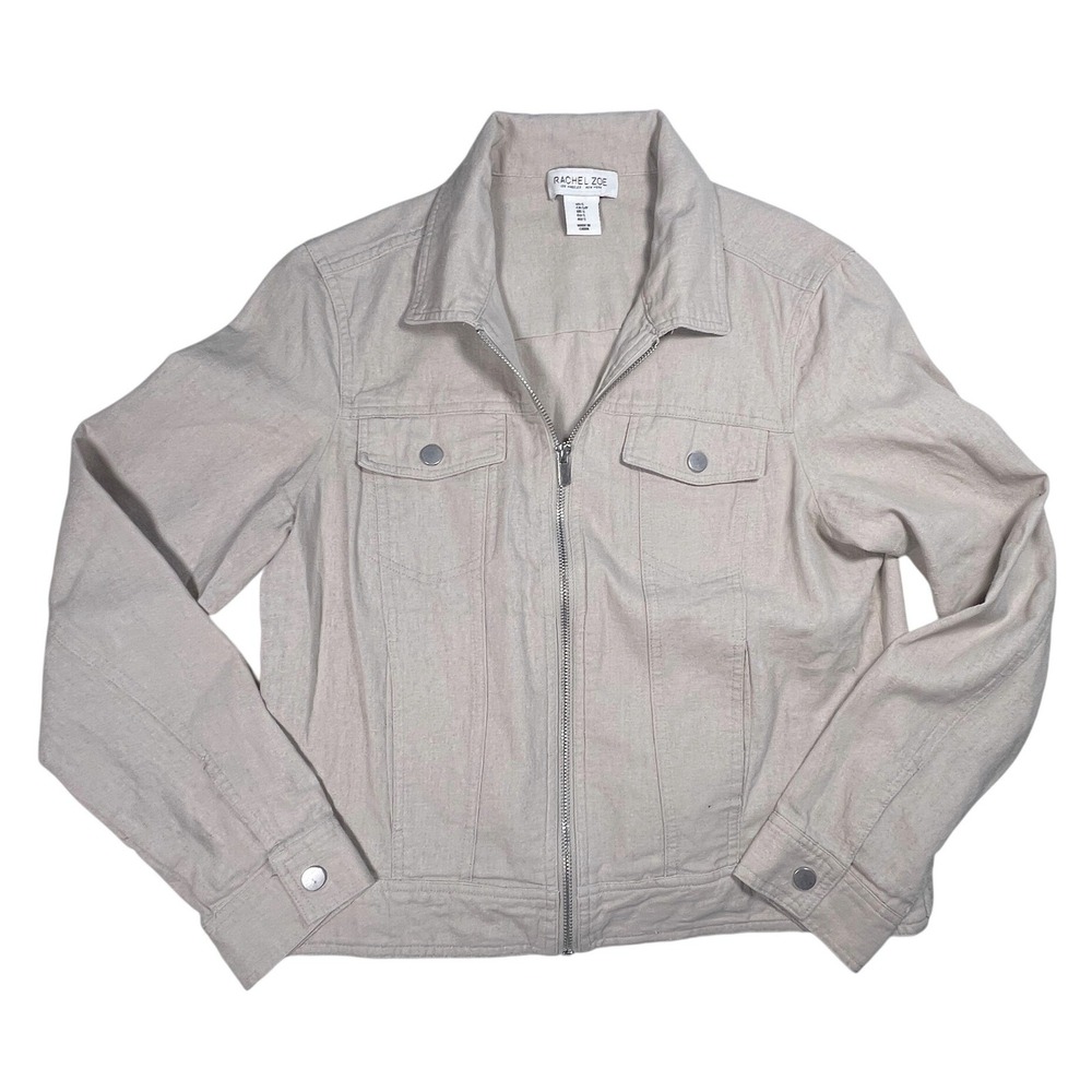 Rachel Zoe Jacket Women S Beige Linen Blend Zip Utility Lightweight Minimalist - Picture 3 of 10